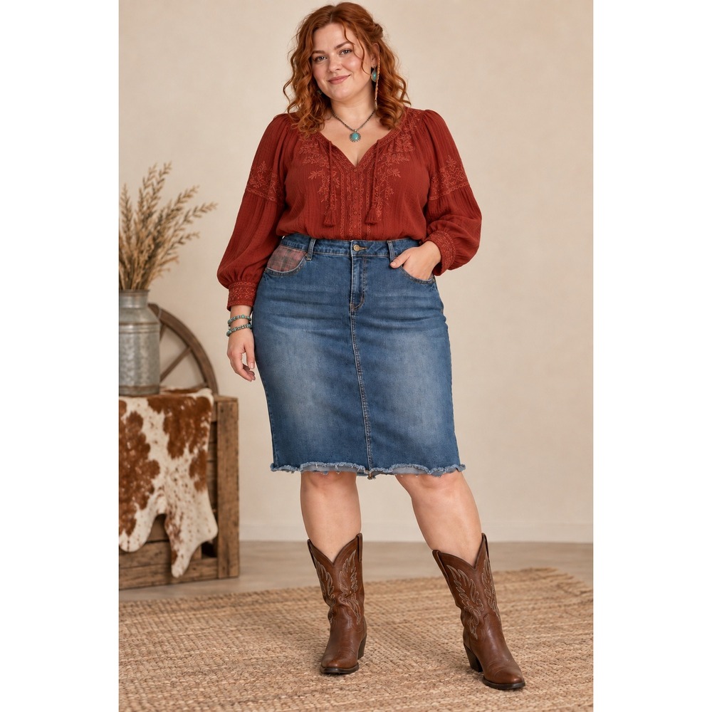 Boho Western Cowgirl Farm Blue Medium Wash Plaid RawHem Stretch 20W Denim Skirt
